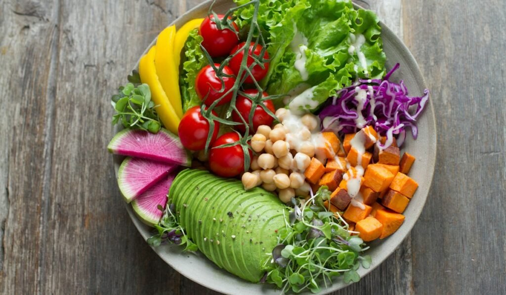 Colorful bowl of vegetables, chickpeas and avocado