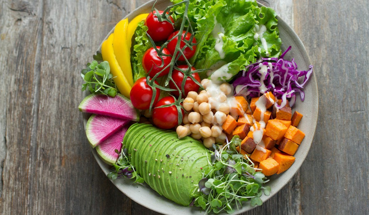Colorful bowl of vegetables, chickpeas and avocado