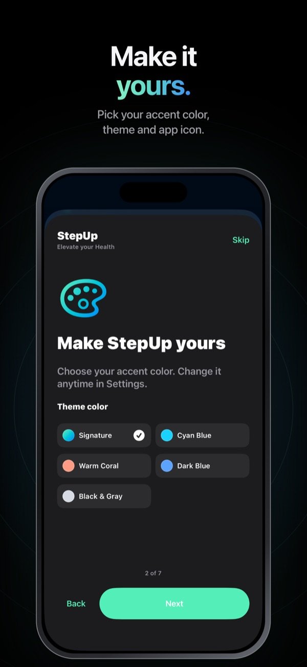 StepUp theme color choices: Signature, Cyan Blue, Warm Coral, Dark Blue and Black & Gray