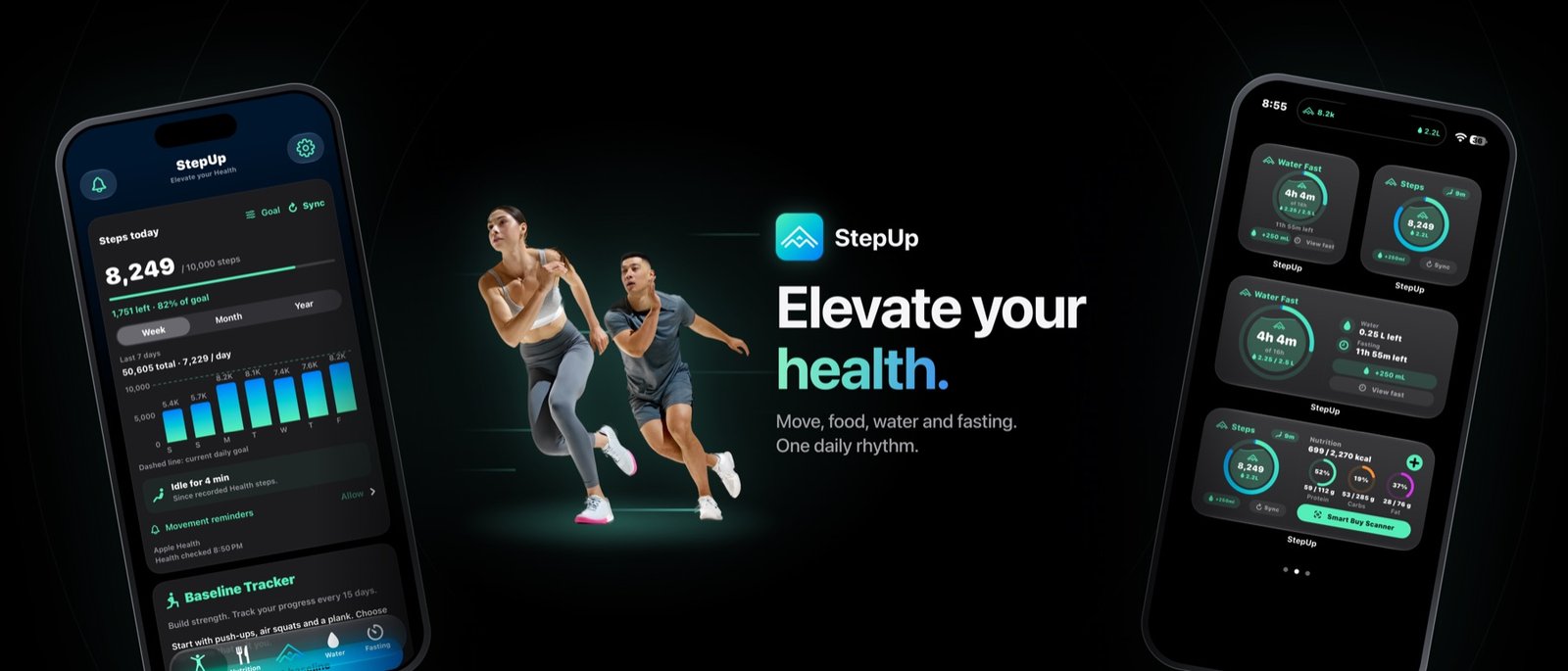 StepUp on iPhone: the Move tab and the StepUp widgets on the Home Screen