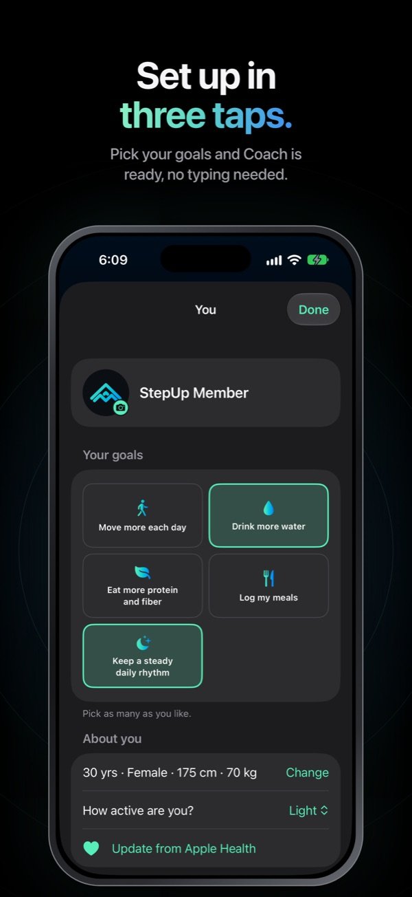 You: goal tiles, body details and daily targets on one page