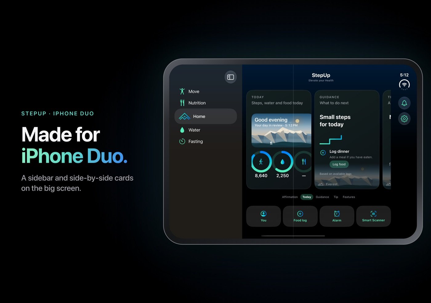 StepUp on the open iPhone Duo with a sidebar and two Home cards