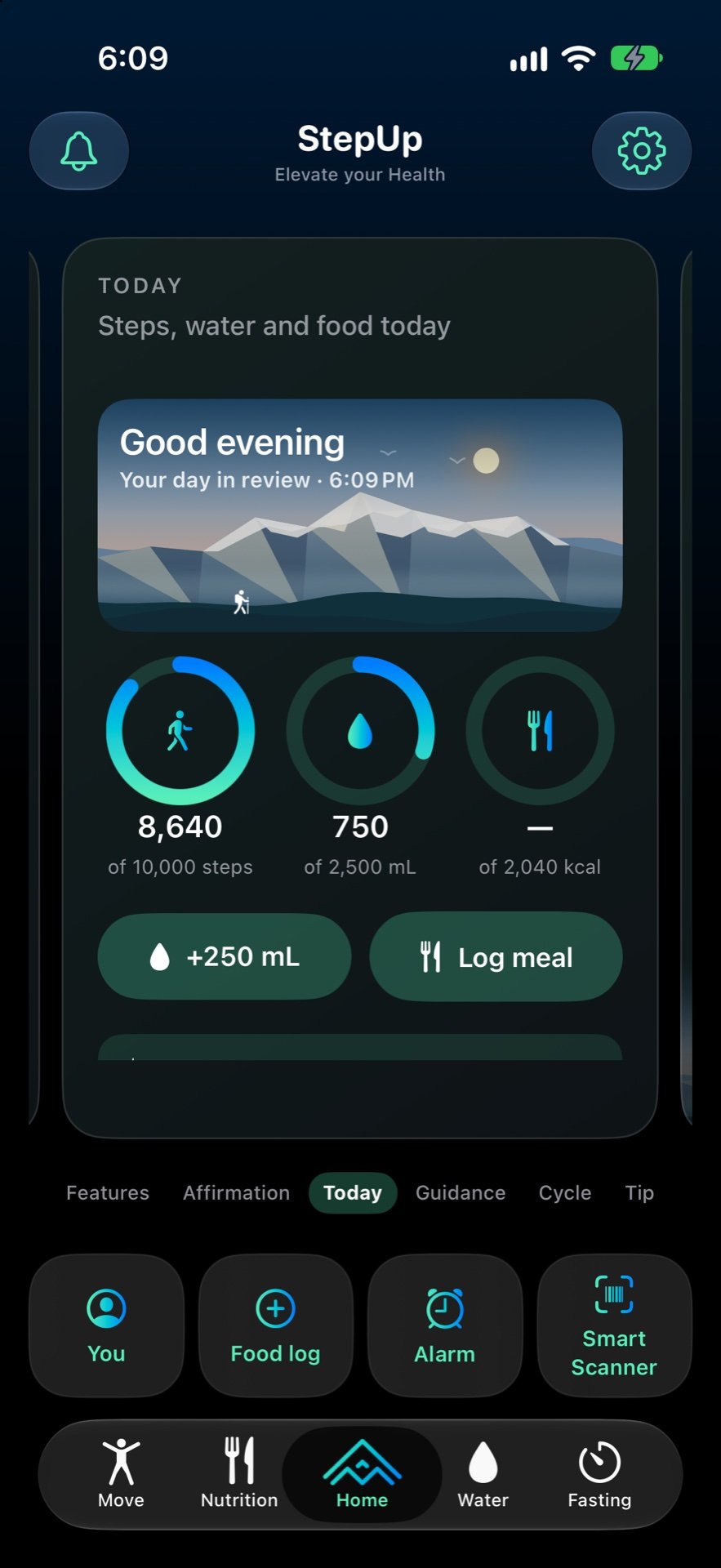 StepUp 3.1 Today card: steps, water and food rings under a live mountain sky